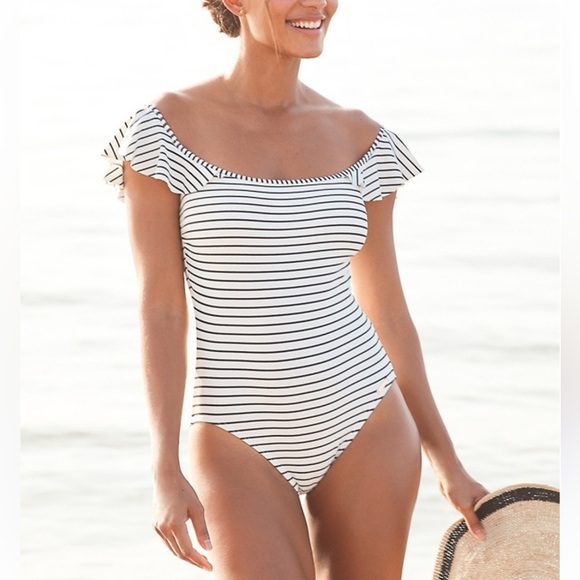 Vince Camuto Blossom Stripes Ruffle Off the Shoulder One Piece Swimsuit NWT - Picture 1 of 10